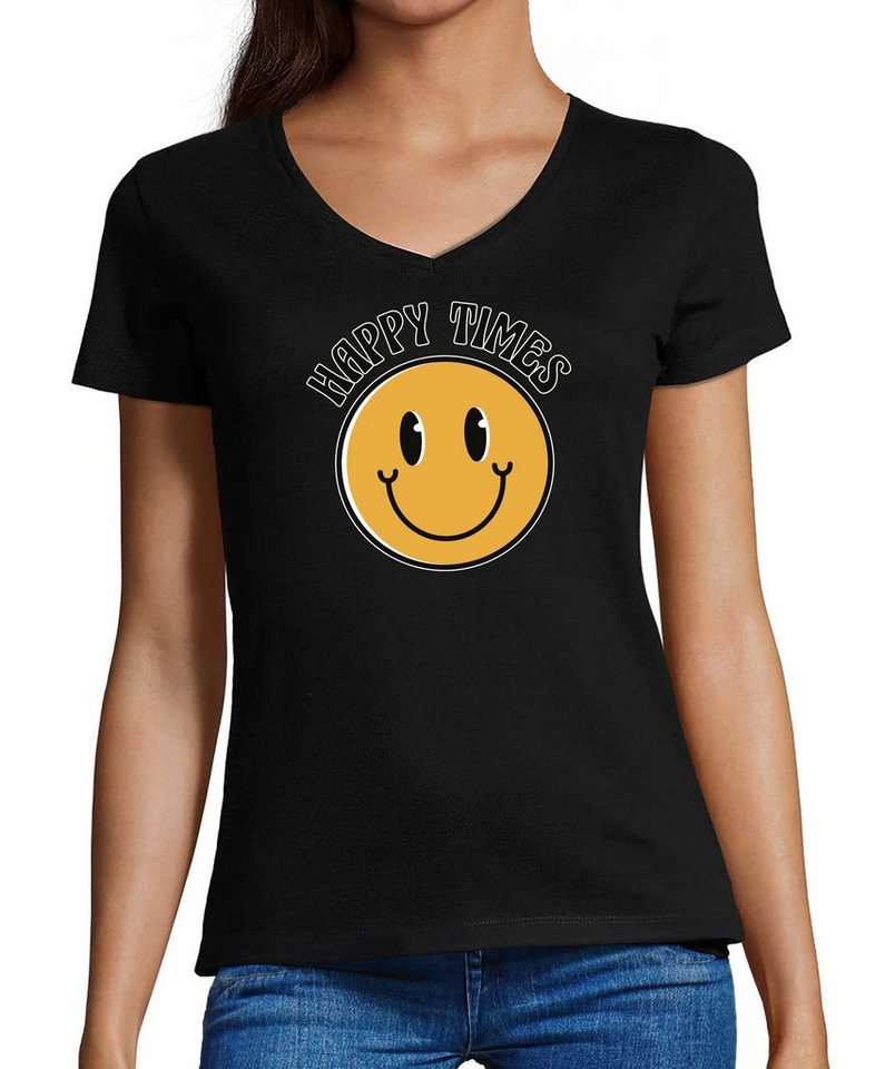 MyDesign24 T-Shirt Damen Smiley Print Shirt - Lächelnder Smiley Happy Times V-Ausschnitt Baumwollshirt mit Aufdruck Slim Fit, i293 von MyDesign24