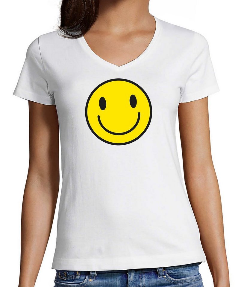 MyDesign24 T-Shirt Damen Smiley Print Shirt - Lächelnder Smiley V-Ausschnitt Baumwollshirt mit Aufdruck Slim Fit, i281 von MyDesign24