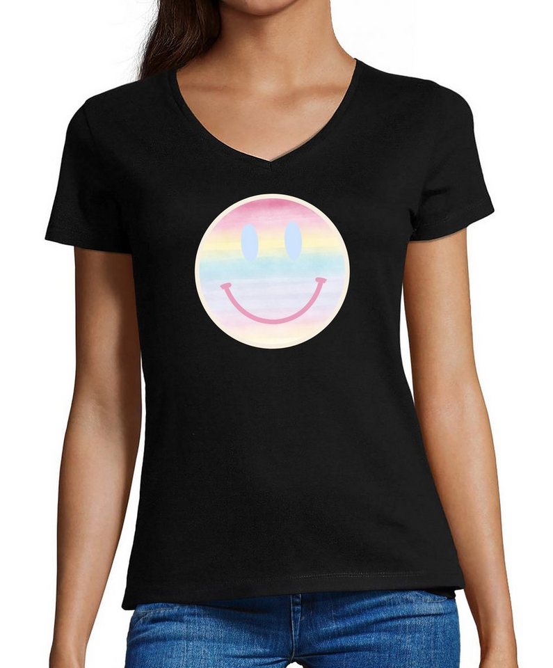 MyDesign24 T-Shirt Damen Smiley Print Shirt - Lächelnder pastellfarbener Smiley V-Ausschnitt Baumwollshirt mit Aufdruck Slim Fit, i297 von MyDesign24