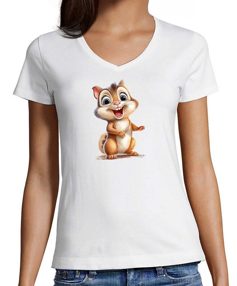 MyDesign24 T-Shirt Damen Wildtier Print Shirt - Baby Eichhörnchen V-Ausschnitt Baumwollshirt mit Aufdruck Slim Fit, i262 von MyDesign24