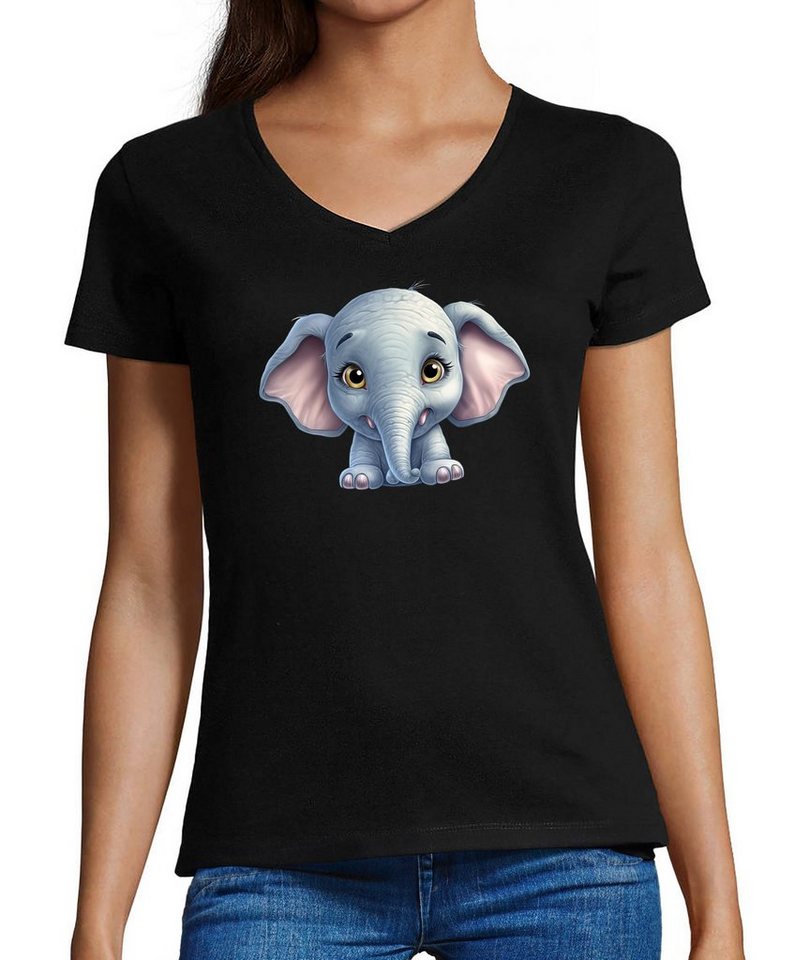 MyDesign24 T-Shirt Damen Wildtier Print Shirt - Baby Elefant V-Ausschnitt Baumwollshirt mit Aufdruck Slim Fit, i272 von MyDesign24