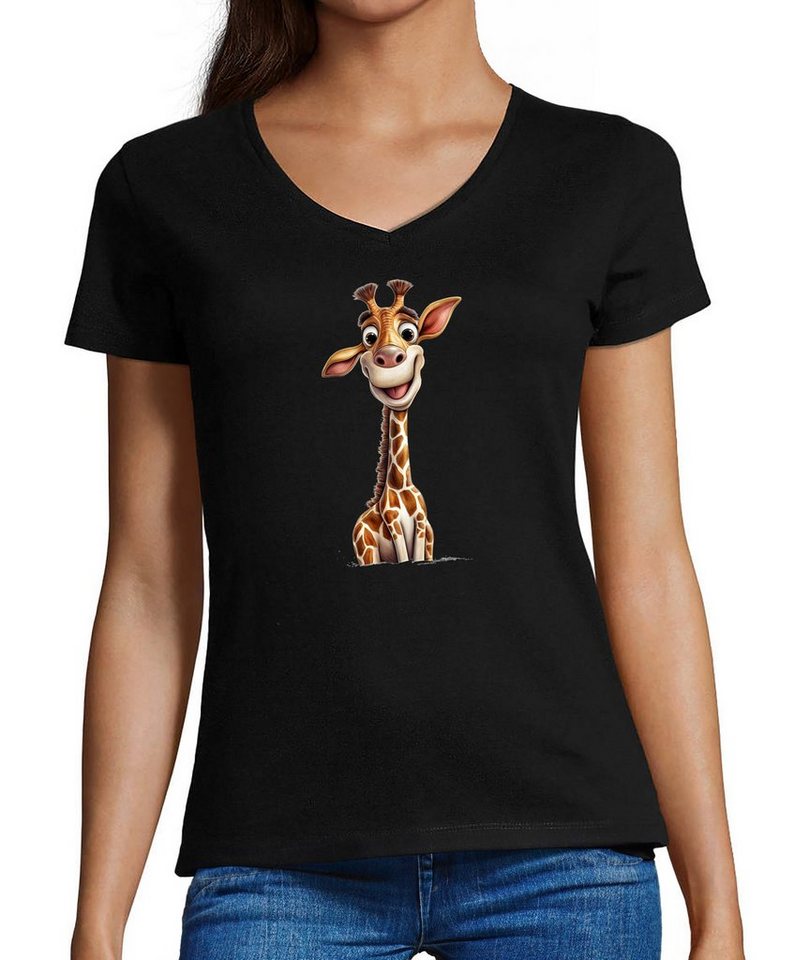 MyDesign24 T-Shirt Damen Wildtier Print Shirt - Baby Giraffe V-Ausschnitt Baumwollshirt mit Aufdruck Slim Fit, i273 von MyDesign24