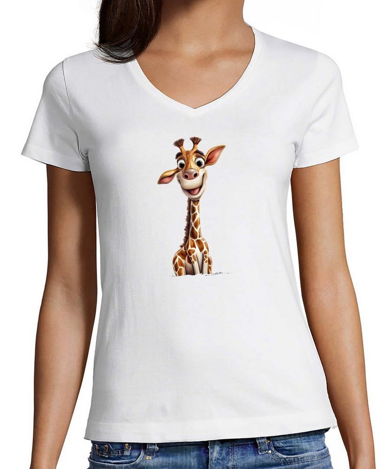 MyDesign24 T-Shirt Damen Wildtier Print Shirt - Baby Giraffe V-Ausschnitt Baumwollshirt mit Aufdruck Slim Fit, i273 von MyDesign24