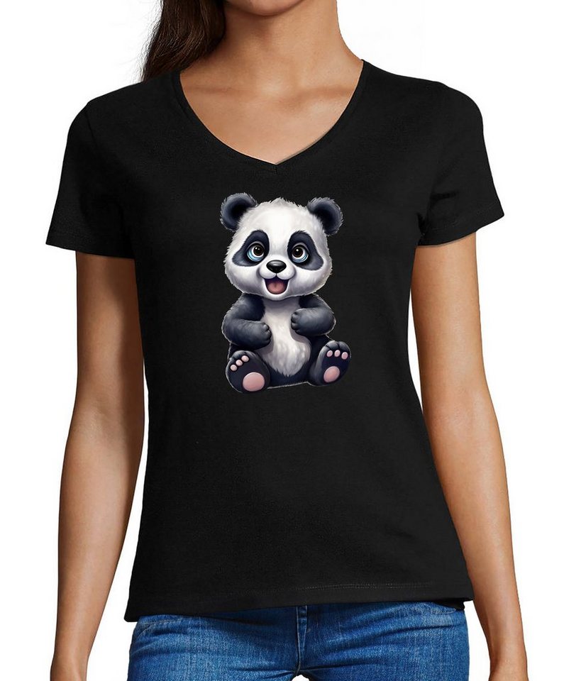 MyDesign24 T-Shirt Damen Wildtier Print Shirt - Baby Panda Bär V-Ausschnitt Baumwollshirt mit Aufdruck Slim Fit, i264 von MyDesign24