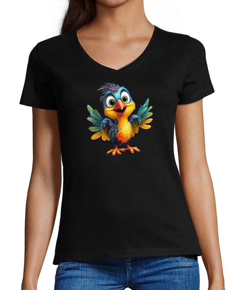 MyDesign24 T-Shirt Damen Wildtier Print Shirt - Baby Paradies Vogel V-Ausschnitt Baumwollshirt mit Aufdruck Slim Fit, i271 von MyDesign24