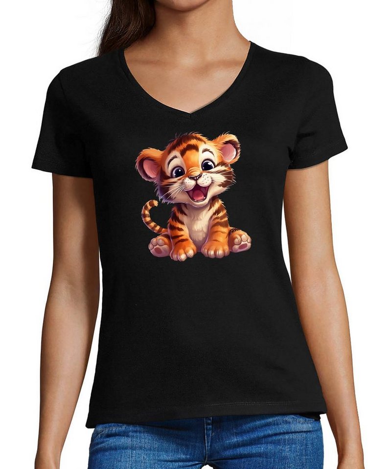 MyDesign24 T-Shirt Damen Wildtier Print Shirt - Baby Tiger V-Ausschnitt Baumwollshirt mit Aufdruck Slim Fit, i266 von MyDesign24