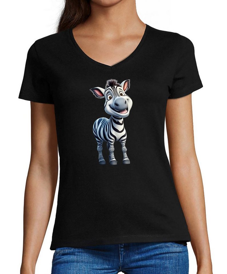 MyDesign24 T-Shirt Damen Wildtier Print Shirt - Baby Zebra V-Ausschnitt Baumwollshirt mit Aufdruck Slim Fit, i280 von MyDesign24