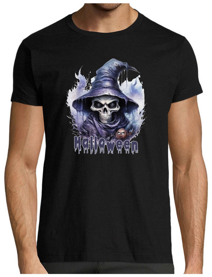MyDesign24 T-Shirt Herren Halloween Shirt Totenkopf-Design und mystischem Hexen Hut Gruseliges Halloween Skelett Regular Fit i385 von MyDesign24