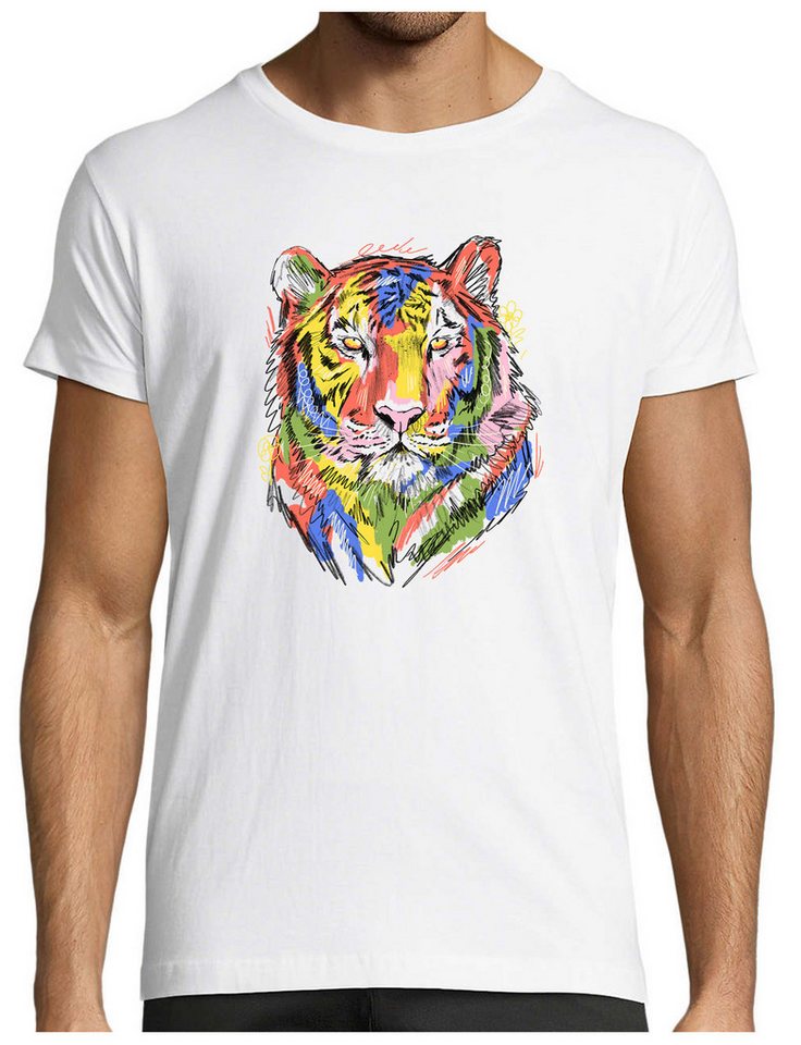MyDesign24 T-Shirt Herren Print Shirt - Farbenfroher Tigerkopf Brustprint Baumwollshirt mit Tiger Aufdruck Regular Fit i354 von MyDesign24
