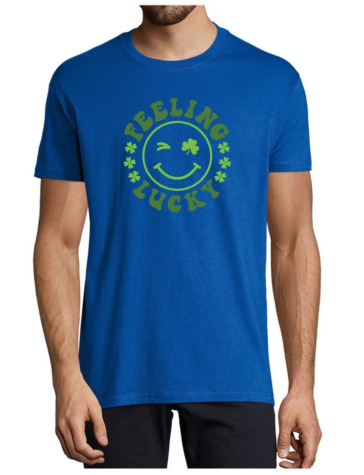 MyDesign24 T-Shirt Herren Smiley Print Shirt - Zwinkernder Smiley mit Kleeblättern Baumwollshirt mit Aufdruck Regular Fit, i295 von MyDesign24