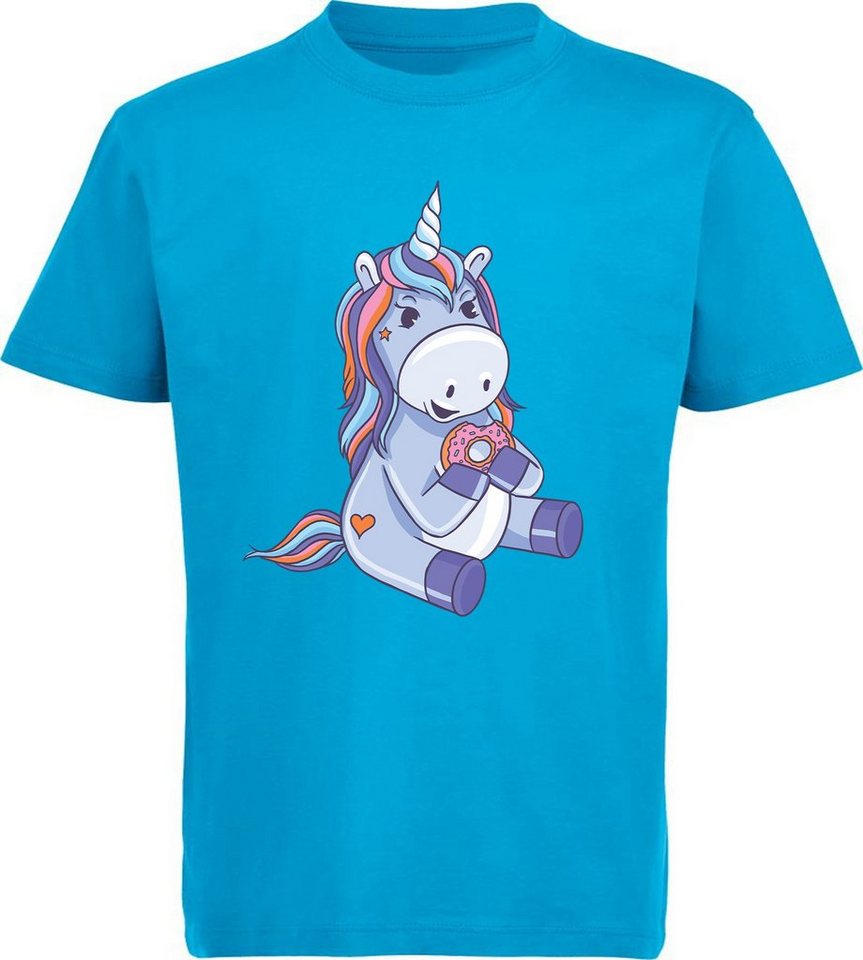 MyDesign24 T-Shirt Kinder Einhorn Print Shirt bedruckt - Donut essendes Einhorn Baumwollshirt mit Aufdruck, i249 von MyDesign24