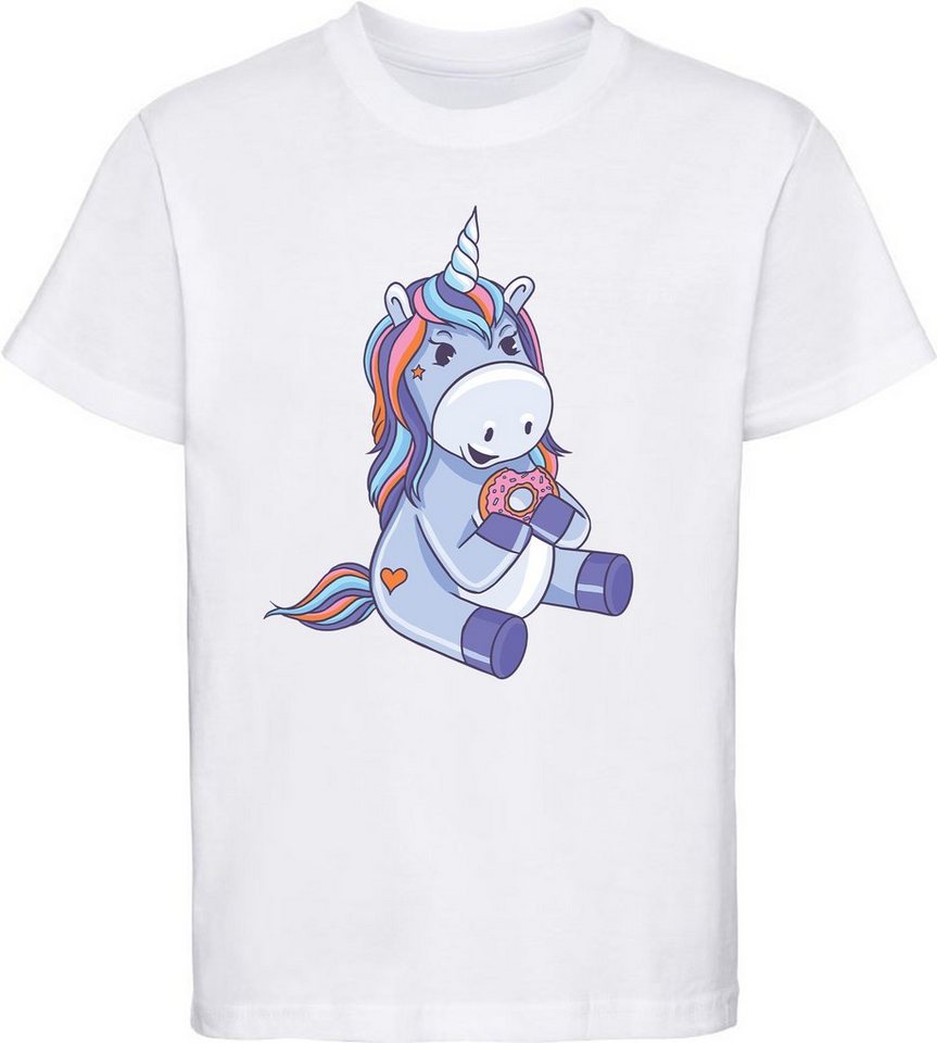 MyDesign24 T-Shirt Kinder Einhorn Print Shirt bedruckt - Donut essendes Einhorn Baumwollshirt mit Aufdruck, i249 von MyDesign24