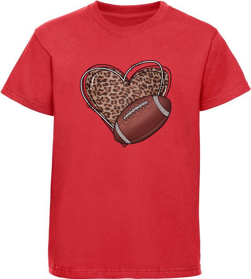 MyDesign24 T-Shirt Kinder Football Shirt Herz in Leoparden Muster mit American Football Bedrucktes Jungen und Mädchen American Football T-Shirt, i490 von MyDesign24