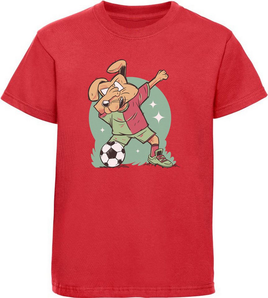 MyDesign24 T-Shirt Kinder Fussball Print Shirt - Dab tanzender Fussballer Hund Bedrucktes Kinder Fussball T-Shirt, i461 von MyDesign24