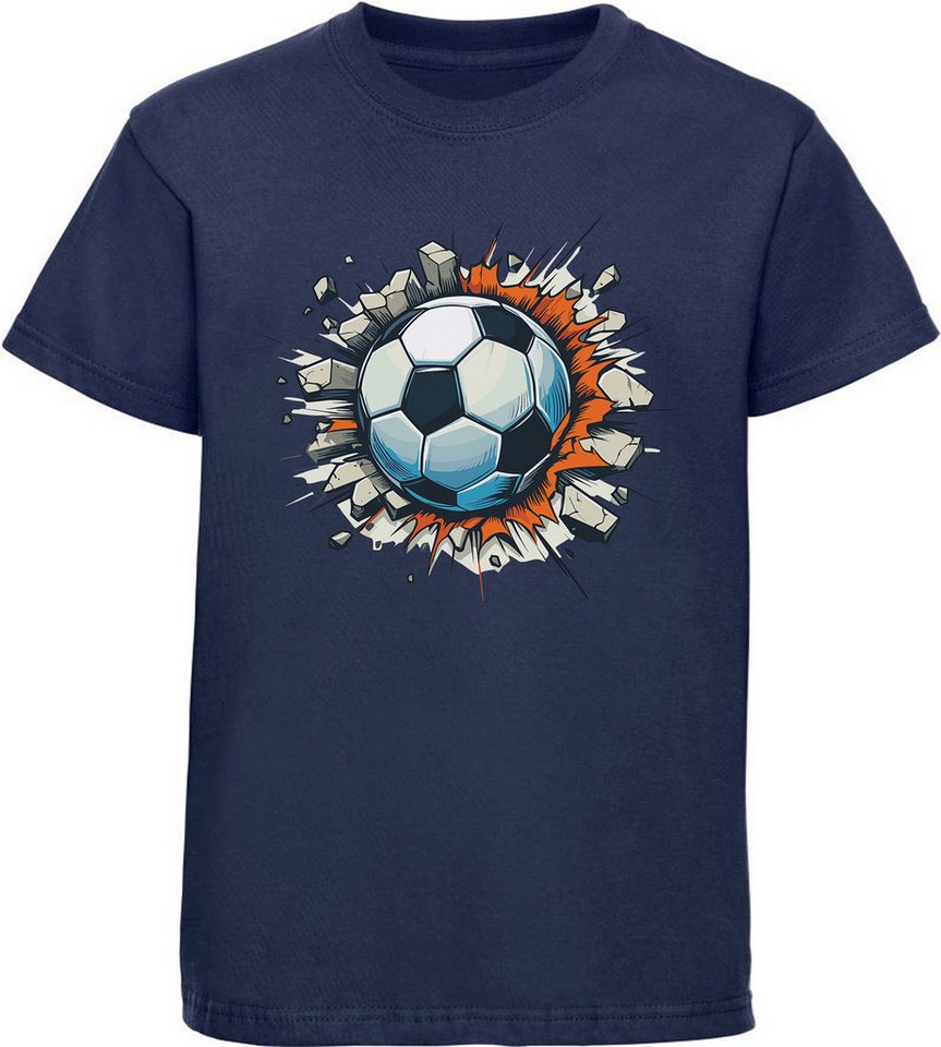 MyDesign24 T-Shirt Kinder Fussball Print Shirt - Fussball der durch Wand fliegt Bedrucktes Jungen und Mädchen Fussball T-Shirt, i483 von MyDesign24