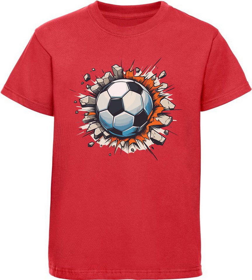 MyDesign24 T-Shirt Kinder Fussball Print Shirt - Fussball der durch Wand fliegt Bedrucktes Jungen und Mädchen Fussball T-Shirt, i483 von MyDesign24