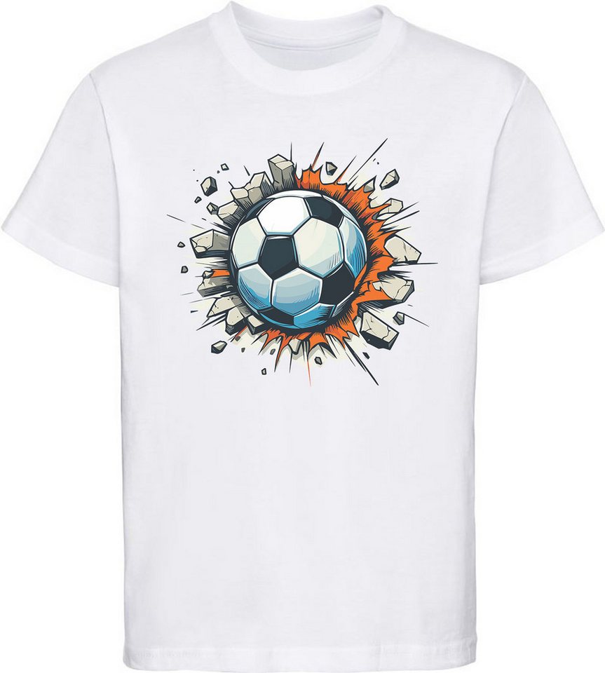 MyDesign24 T-Shirt Kinder Fussball Print Shirt - Fussball der durch Wand fliegt Bedrucktes Jungen und Mädchen Fussball T-Shirt, i483 von MyDesign24