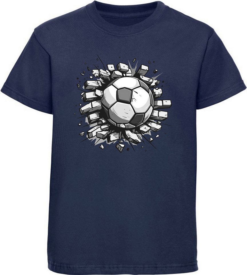 MyDesign24 T-Shirt Kinder Fussball Print Shirt - Fussball der in Wand steckt Bedrucktes Jungen und Mädchen Fussball T-Shirt, i481 von MyDesign24