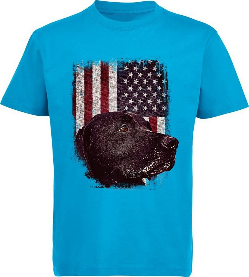 MyDesign24 T-Shirt Kinder Hunde Print Shirt bedruckt - schwarzer Labrador vor USA Flagge Baumwollshirt mit Aufdruck, i246 von MyDesign24