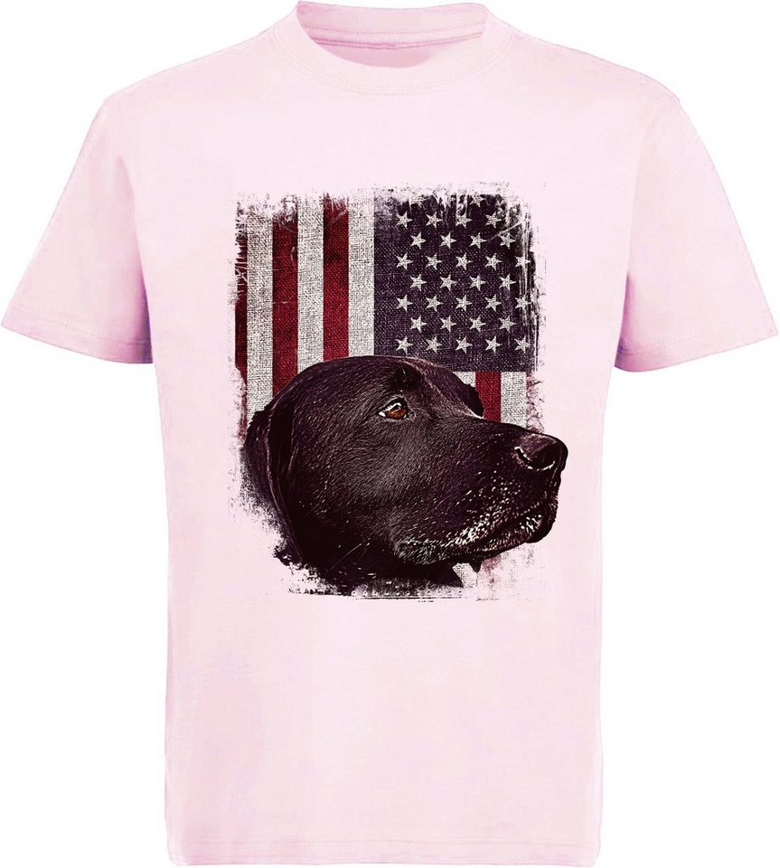 MyDesign24 T-Shirt Kinder Hunde Print Shirt bedruckt - schwarzer Labrador vor USA Flagge Baumwollshirt mit Aufdruck, i246 von MyDesign24