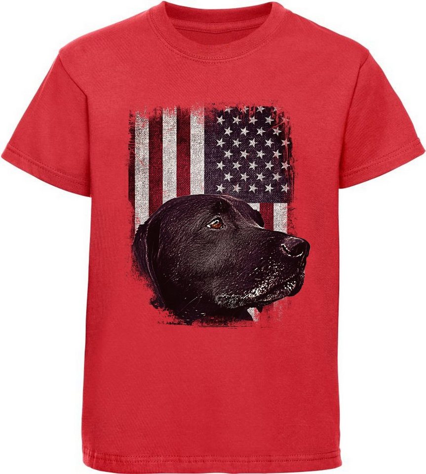 MyDesign24 T-Shirt Kinder Hunde Print Shirt bedruckt - schwarzer Labrador vor USA Flagge Baumwollshirt mit Aufdruck, i246 von MyDesign24