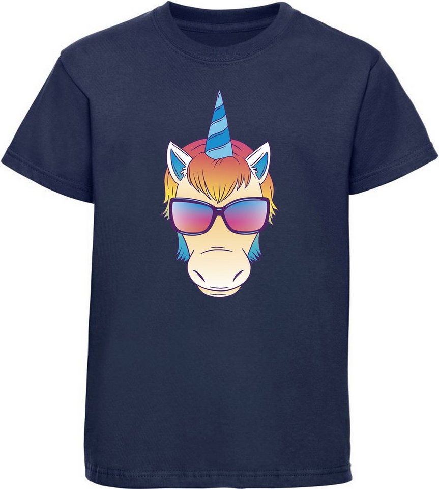 MyDesign24 T-Shirt Kinder Print Shirt bedruckt - Einhorn Kopf mit Sonnenbrille Baumwollshirt mit Aufdruck, i255 von MyDesign24