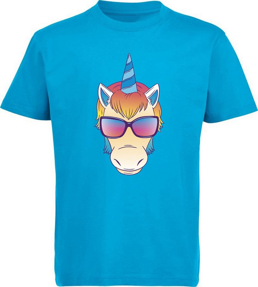 MyDesign24 T-Shirt Kinder Print Shirt bedruckt - Einhorn Kopf mit Sonnenbrille Baumwollshirt mit Aufdruck, i255 von MyDesign24