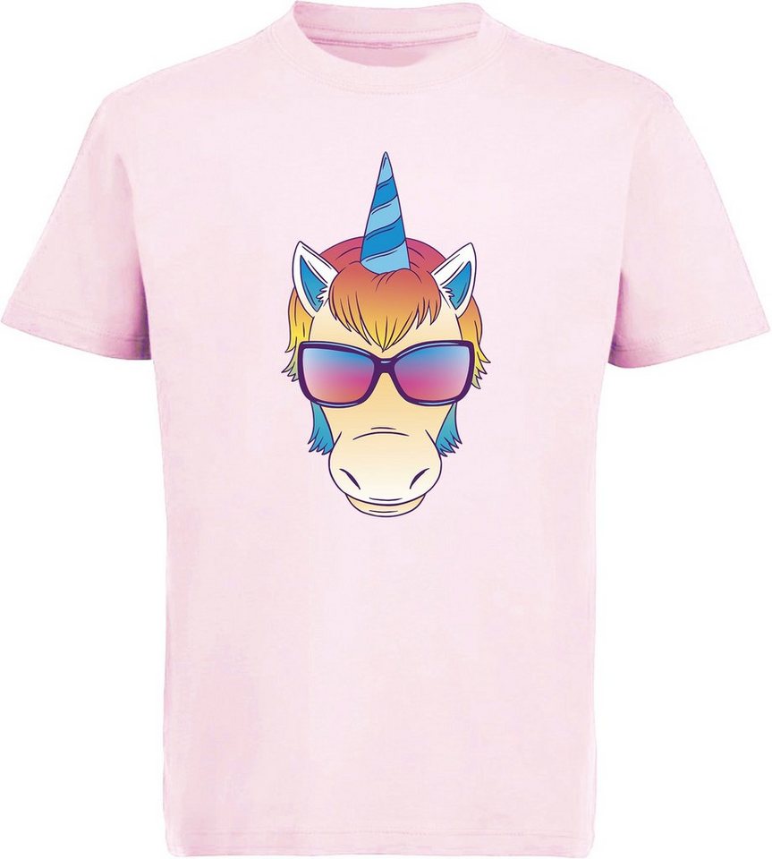 MyDesign24 T-Shirt Kinder Print Shirt bedruckt - Einhorn Kopf mit Sonnenbrille Baumwollshirt mit Aufdruck, i255 von MyDesign24