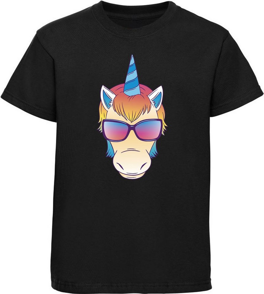 MyDesign24 T-Shirt Kinder Print Shirt bedruckt - Einhorn Kopf mit Sonnenbrille Baumwollshirt mit Aufdruck, i255 von MyDesign24