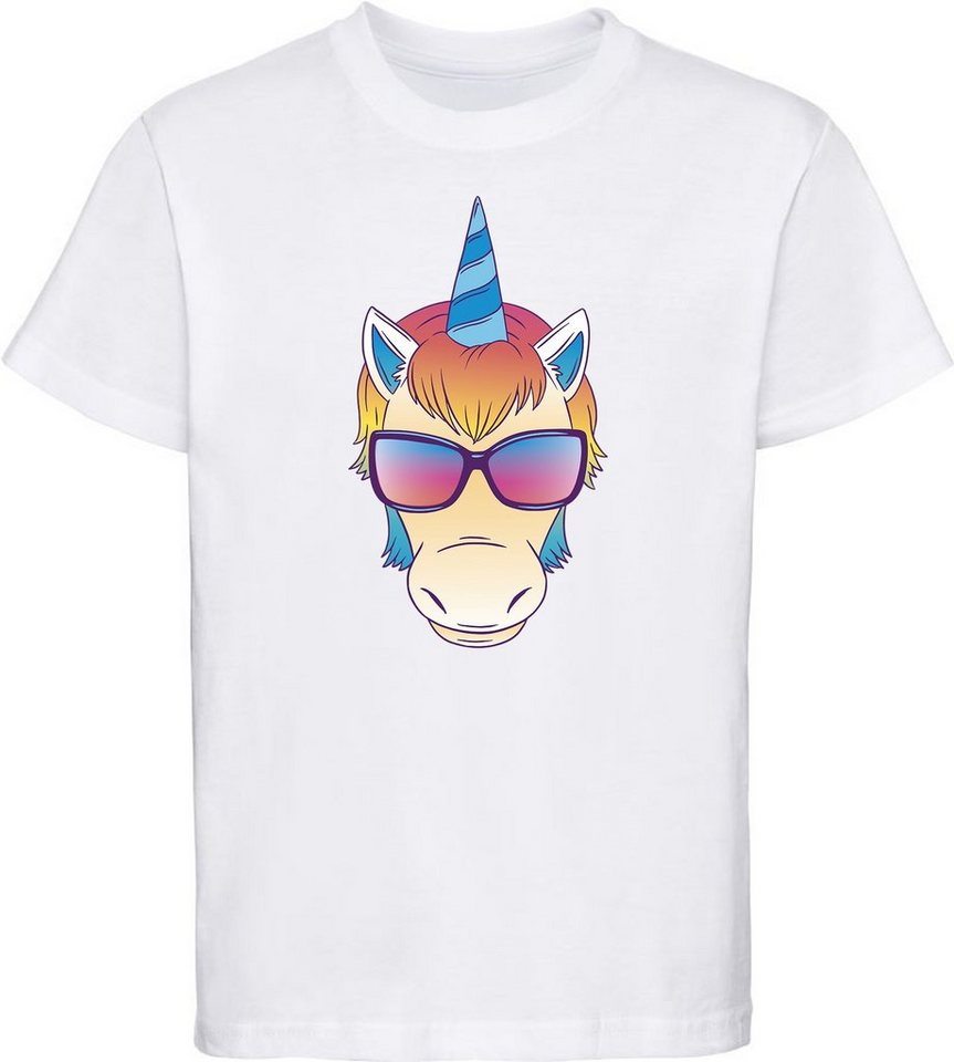 MyDesign24 T-Shirt Kinder Print Shirt bedruckt - Einhorn Kopf mit Sonnenbrille Baumwollshirt mit Aufdruck, i255 von MyDesign24