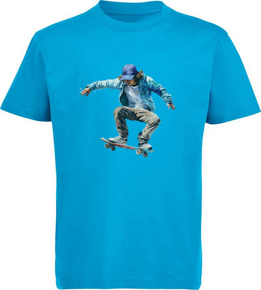 MyDesign24 T-Shirt Kinder Print Shirt springender Skateboarder in Ölfarbenoptik Bedrucktes Jungen und Mädchen Skater T-Shirt i552 von MyDesign24
