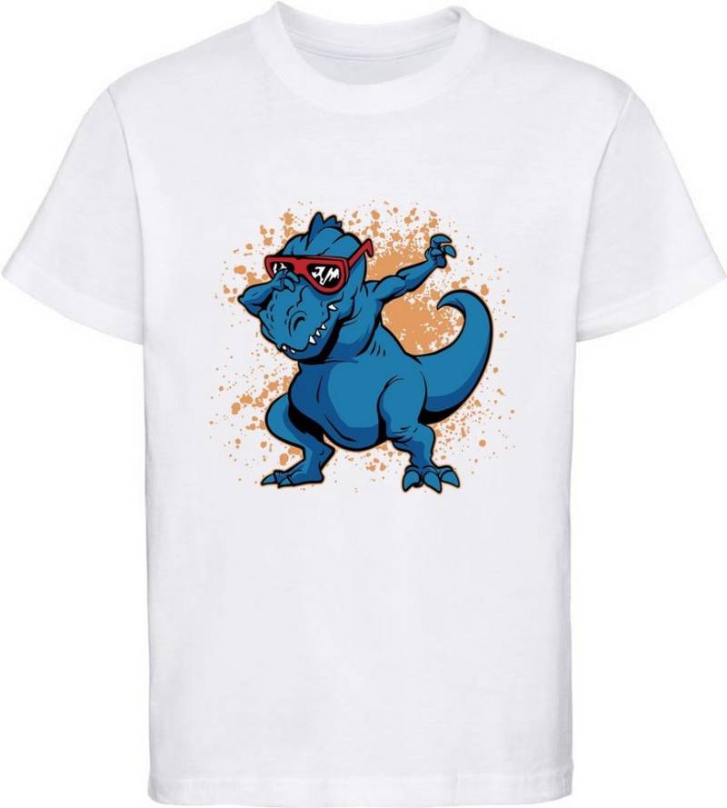 MyDesign24 T-Shirt bedrucktes Kinder T-Shirt T-Rex mit Brille am tanzen 100% Baumwolle mit Dino Aufdruck i49 von MyDesign24