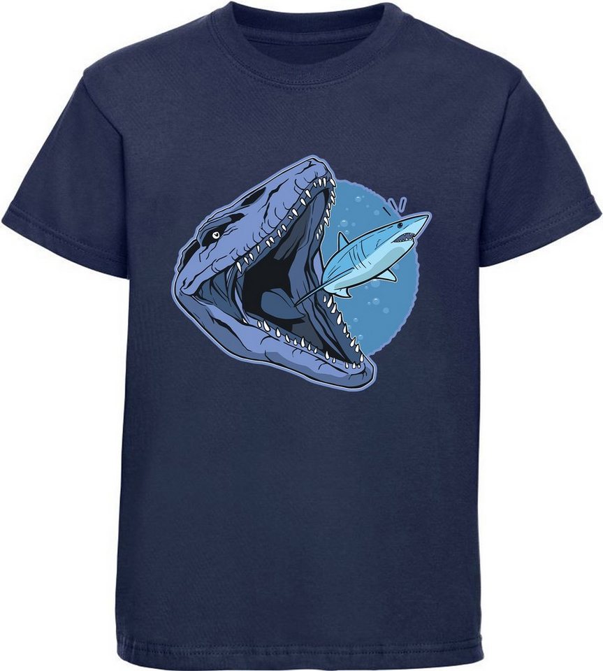 MyDesign24 T-Shirt bedrucktes Kinder T-Shirt Mosasaurus der Hai frisst 100% Baumwolle mit Dino Aufdruck, navy blau i47 von MyDesign24