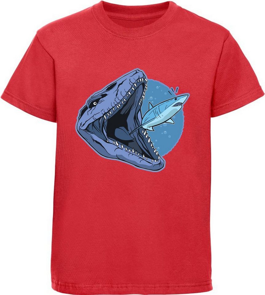 MyDesign24 T-Shirt bedrucktes Kinder T-Shirt Mosasaurus der Hai frisst 100% Baumwolle mit Dino Aufdruck, rot i47 von MyDesign24