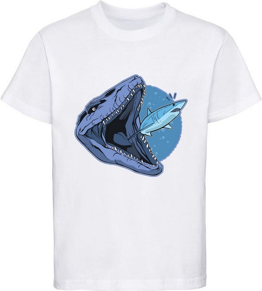 MyDesign24 T-Shirt bedrucktes Kinder T-Shirt Mosasaurus der Hai frisst 100% Baumwolle mit Dino Aufdruck, weiss i47 von MyDesign24