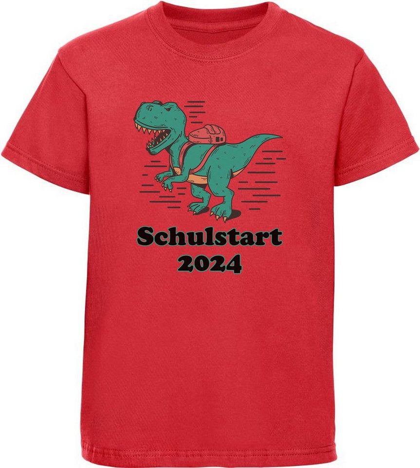 MyDesign24 T-Shirt bedrucktes Kinder T-Shirt mit brüllendem T-Rex mit Schultasche Baumwollshirt Schulstart 2024,schwarz,weiß,rot,blau,i45 von MyDesign24