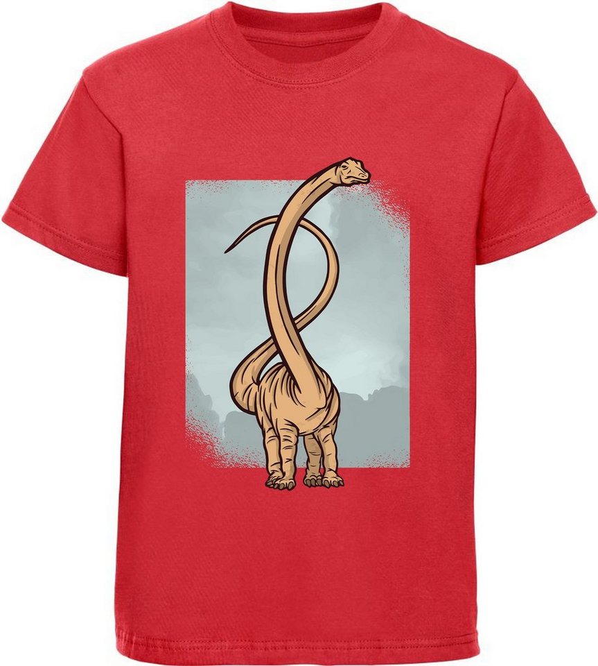 MyDesign24 T-Shirt bedrucktes Kinder T-Shirt mit langhalssaurier 100% Baumwolle mit Dino Aufdruck, rot i48 von MyDesign24