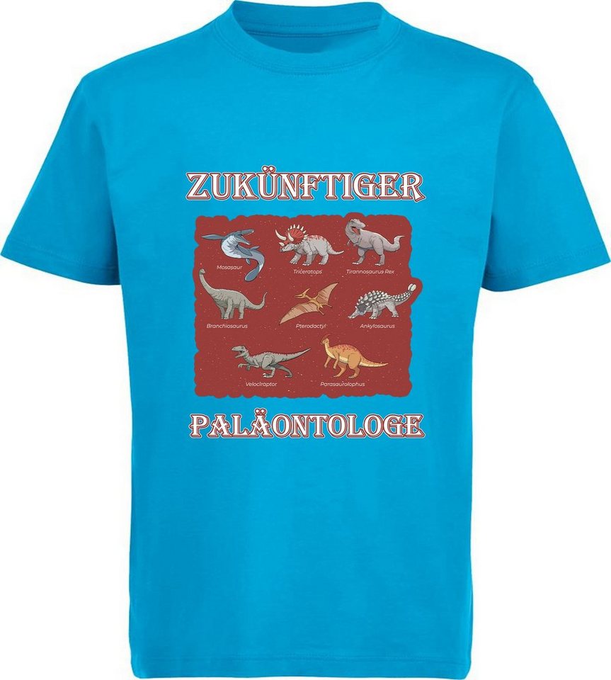 MyDesign24 T-Shirt bedrucktes Kinder T-Shirt Paläontologe mit vielen Dinosauriern 100% Baumwolle mit Dino Aufdruck, aqua blau i50 von MyDesign24