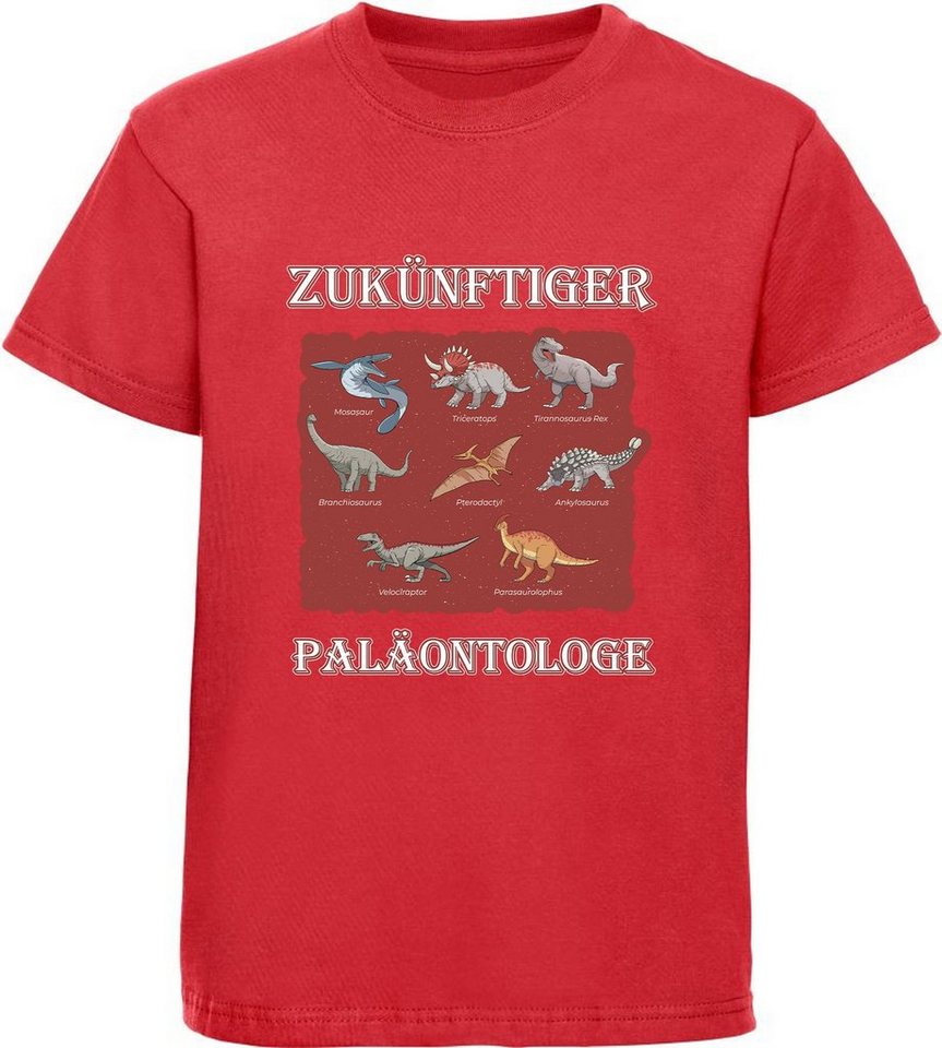 MyDesign24 T-Shirt bedrucktes Kinder T-Shirt Paläontologe mit vielen Dinosauriern 100% Baumwolle mit Dino Aufdruck, rot i50 von MyDesign24