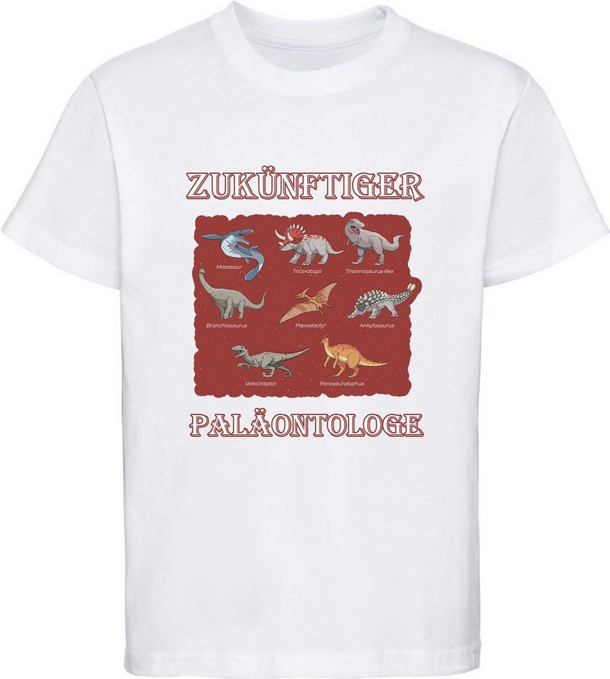 MyDesign24 T-Shirt bedrucktes Kinder T-Shirt Paläontologe mit vielen Dinosauriern 100% Baumwolle mit Dino Aufdruck, weiss i50 von MyDesign24