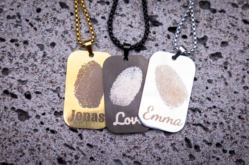 Edelstahl Halskette Männer Mit Deinem Fingerabdruck Gravur - Dog Tag Anhänger Personalisiert Name Oder Text, 60cm Kette von MyDesignStyleCOM