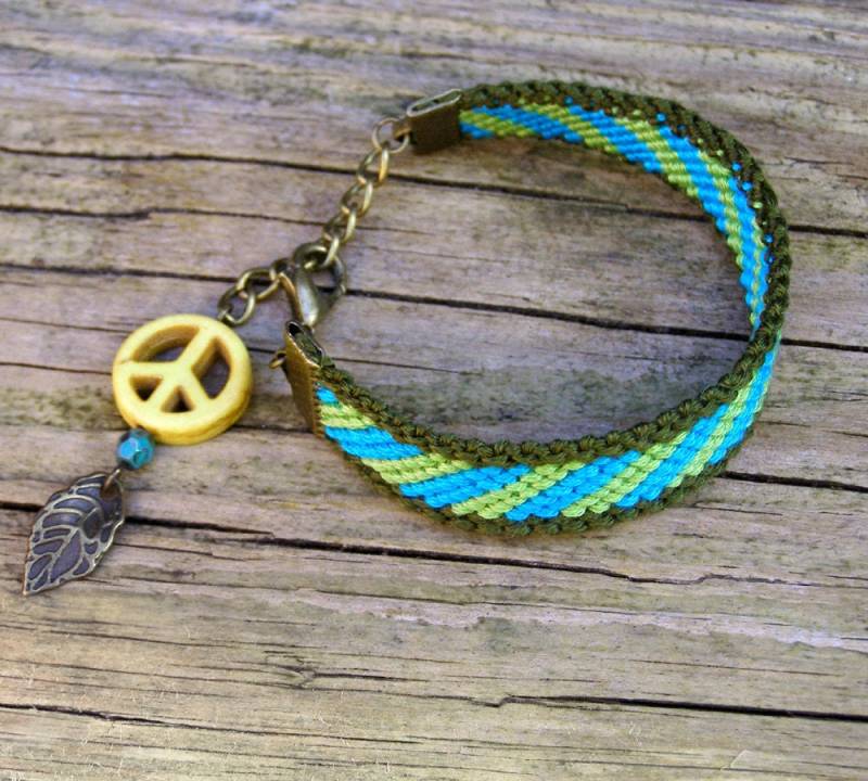 Peace Zeichen Traumfänger Armband, Türkis Gelber Traumfänger, Feder Ethnic Gewebter Baumwollstreifen Wayuu von MyFantasies