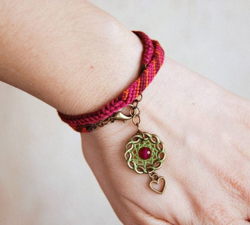 Traumfänger Armband Mit Rosa Jade Und Kleinem Herz, Beste Freundin Doppelt Wickelarmband Freundschaftsarmband Geschenk von MyFantasies
