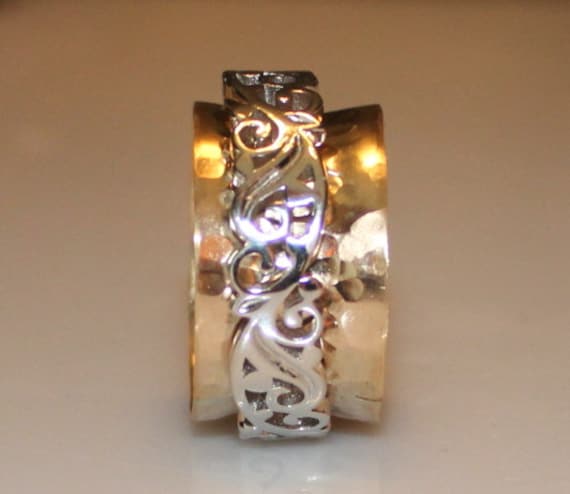 10K Gold & Sterling Silber Spinner Ring Breitband, Gehämmert von MyFascinationStreet