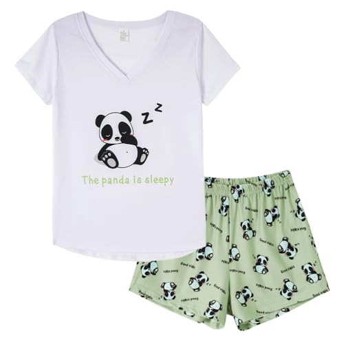 MyFav Damen Kurz Pyjama Se Sommer Panda Druck Schlafanzug Kurzarm V Aussschnitt Shirt mit Kurze Hosen Nachtwäsche,Weiß Grün,M MyFav Damen Kurz Pyjama Se Sommer Panda Druck Schlafanzug Kurzarm V Aussschnitt Shirt mit Kurze Hosen Nachtwäsche,Weiß Grün,M von MyFav