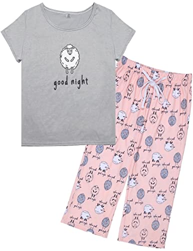 MyFav Damen Kurzarm Pyjama Sommer Zweiteiliger Bequemer Schlafanzug Nachtwäsche Lounge Sets für Frauen(Grau,L) von MyFav