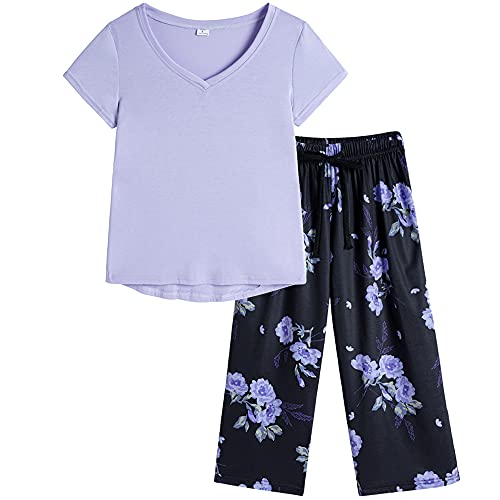 MyFav Damen Kurzarm Pyjama Sommer Zweiteiliger Schlafanzug Lounge Nachtwäsche Sleepwear(violett,3XL) von MyFav