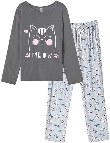 MyFav Damen Lange Pyjamas Niedlicher Katzen Pyjama Set Schlafanzug Freizeitanzug Langarm Rundhalsausschnitt 2 Stück Nachtwäsche,Grau,M von MyFav