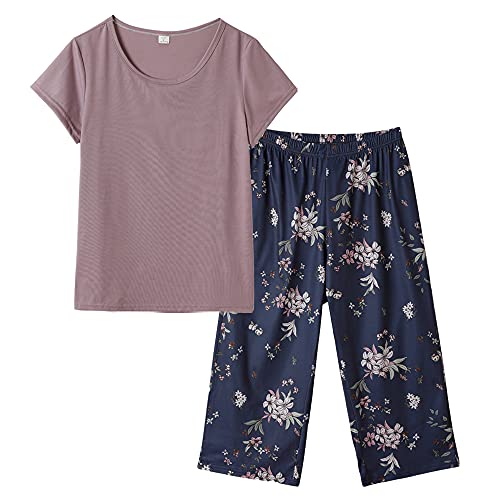 MyFav Damen Nachtwäsche Soft Red Wine Printed Short Sleeve Pyjama Capri Set, dunkelblau, 48 von MyFav