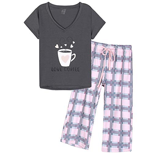 MyFav Damen Nachtwäsche Weich Rotwein Bedruckt Kurzarm Pyjama Capri Set, grau, 46 von MyFav